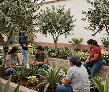 A vibrant but professional photograph of an Urban Huerto in Querétaro. Community members interacting with green infrastructure, lush olive green plants against soft off-white walls.