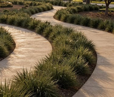A professional wide-angle photograph of a modern public park in Mexico featuring drought-resistant landscaping. Earthy olive green vegetation contrasts with clean, warm sand beige concrete paths. Evening golden hour lighting.