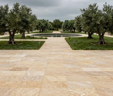 A wide architectural photograph of a modern peri-urban water management project. The scene features geometric stone paths in warm beige cutting through lush olive green wetlands. The sky is a muted, overcast gray, giving a professional, editorial look.