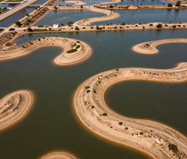 An aerial landscape photograph showing a sophisticated water management system in a peri-urban area. The image features organic shapes of water bodies and earth-toned embankments in olive green and warm sand beige.