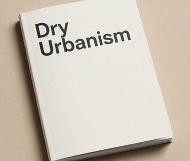 A minimalist book cover mockup for 'Dry Urbanism' lying on a warm beige textured surface. Clean charcoal typography on a soft off-white cover.