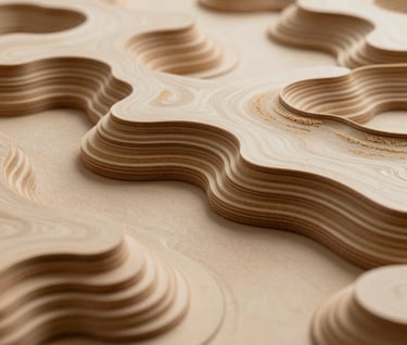 Macro photography of a physical topographic model made of layered plywood, representing complex land contours, architectural studio lighting with warm sand beige highlights.