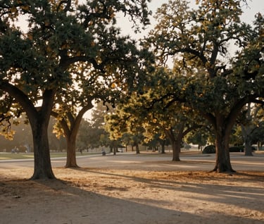 A cinematic landscape of a North American / US public park at golden hour, sun-drenched oak trees, soft sand hazy atmosphere, no people in frame, peaceful and authentic.