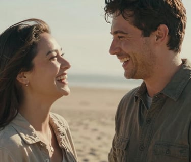 A cinematic candid shot of a happy couple laughing together in a North American / US outdoor setting. The environment is sun-drenched and warm, emphasizing genuine human interaction and storytelling. The background features soft sand tones and a professional, approachable aesthetic.