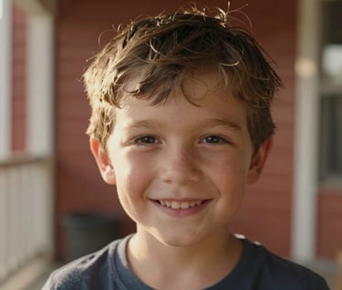 A close-up candid portrait of a child smiling naturally, sun-drenched lighting catching flyaway hair, a North American / US home porch in the blurred background, warm terracotta and charcoal accents.