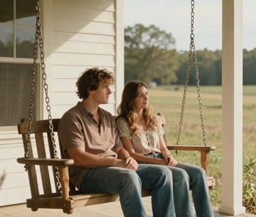 A candid photograph of a couple sharing a quiet moment on a porch swing of a North American / US farmhouse. The style is cinematic and authentic, capturing genuine human connection in a warm, sun-drenched environment with soft sand wood tones.