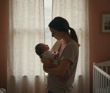 A cinematic portrait of a mother holding her newborn in a nursery within a North American / US home. The atmosphere is peaceful and intimate, with warm light filtering through linen curtains. Textures of soft sand and muted terracotta create a cozy mood.