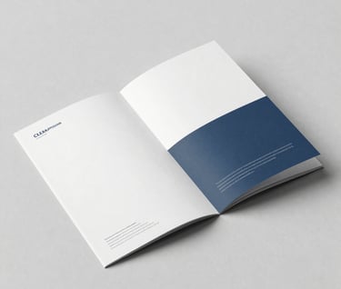 Clean photography of printed branding materials including a brochure and stationery on a light grey textured background, showcasing minimalist layout and professional slate blue accents.