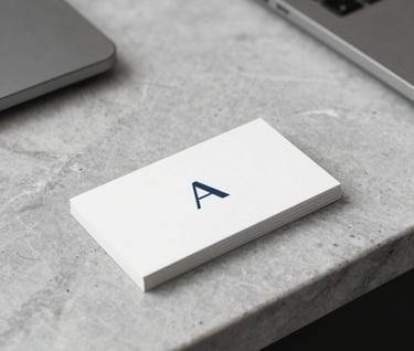 A minimalist branding display featuring a sleek business card with a clean typography logo, placed on a light gray marble surface in a high-end North American / US office space.