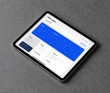 A top-down minimalist photography shot of a designer's desk in the North American / US, showing a sleek silver tablet displaying a clean mobile application dashboard with royal blue and slate blue UI elements.