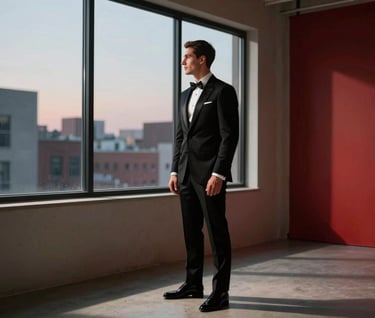 A groom in a tailored black tuxedo standing in a minimalist North American / US urban loft, looking out a large window at dusk, dramatic shadows and strong red accents in the room decor.