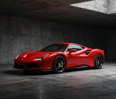 A sleek red high-performance sports car parked in a dark, minimalist concrete garage in a North American setting, dramatic red side-lighting highlighting the curved body against deep black shadows.