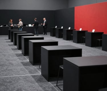 A wide horizontal shot of a bustling networking reception in a North American venue. The composition uses leading lines from minimalist black furniture. The color palette is strictly deep black, dark gray, and vibrant red, giving a sleek and modern feel.