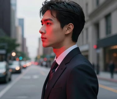 Side profile view of a model in a North American urban setting, wearing dark professional attire, soft red glow illuminating the face, deep shadows, clean and modern aesthetic.