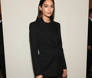 A candid portrait of a stylish attendee at a North American fashion event. They are dressed in a sleek black outfit, standing against a clean off-white wall. The lighting is dramatic and artistic, focusing on the professional and sophisticated mood of the evening.