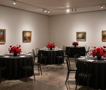 A wide-angle artistic shot of a wedding reception in a North American gallery, featuring sleek black tables and vibrant red floral centerpieces, moody atmospheric lighting.