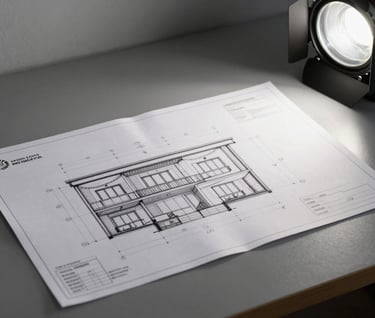 Detail of architectural drawings and technical plans on a minimal desk, storm gray stationery, bright studio light.