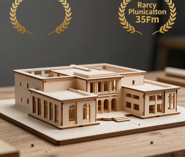 Details of an architectural model on a work table, precision laser cut wood, soft overhead lighting, muted charcoal background.