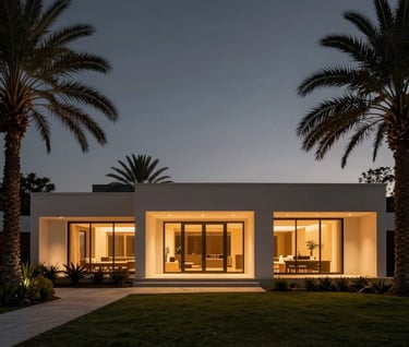 Full-width architectural photograph of the guesthouse at dusk. The building glows with warm internal lights against a deep charcoal sky. The structure looks elegant and minimal amidst the palms.