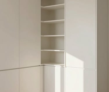 Interior view of a bedroom featuring built-in cabinetry in soft off-white. The space is flooded with natural light, emphasizing whitespace and a clean, editorial aesthetic.