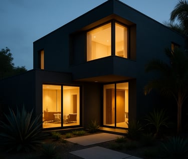 Wide shot of a contemporary house at dusk, glowing warm interior lights contrasting with deep charcoal exterior walls, minimalist garden with tropical plants, sophisticated mood.
