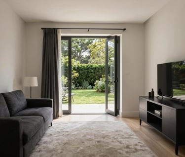 Interior view of a guest suite. Generous whitespace, soft off-white walls, and a large pivot door opening to a garden. Deep charcoal black furniture accents provide a sophisticated contrast. Editorial style photography.