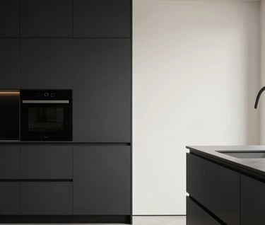 Vertical shot of a minimalist kitchen design. Sleek deep charcoal black cabinets against a soft off-white wall. Clean, shadow-defined lines and professional architectural lighting.