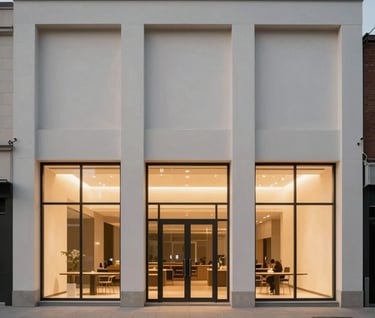 Full-width architectural exterior of a commercial building at dusk. Warm interior lighting glows through glass panels, contrasting with the soft off-white and pale silver gray exterior walls. Minimalist and elegant atmosphere.