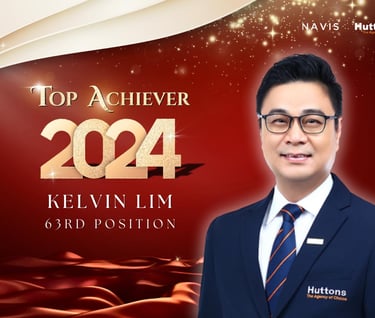 Huttons real estate agent Kelvin Lim celebrated as 2024 Top Achiever in 63rd position on a red award banner.