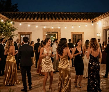 A dynamic shot of an upscale birthday celebration in a Spanish courtyard at night. Guests in sophisticated attire are seen in a moment of joy. Warm string lights contrast with the dark slate blue night sky. Deep shadows and gold highlights.