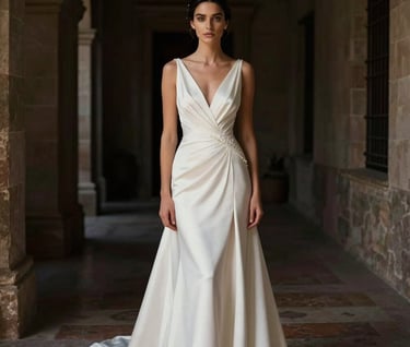 A refined portrait of a bride in a modern, elegant gown standing in a dimly lit historic Spanish corridor. Soft directional lighting highlights the textures of the fabric. Moody, cinematic photography with a color palette of white, gold, and deep charcoal.