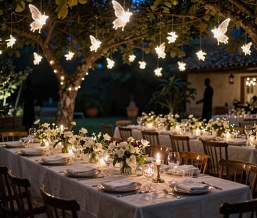 Gran plano angular de una mesa de banquete preparada para una boda en un jardín nocturno, miles de pequeñas luces de hadas suspendidas, siluetas oscuras de árboles, celebración española sofisticada.