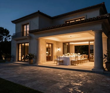 An wide-angle architectural shot of a luxury Spanish villa prepared for an evening reception. The interior glow spills out onto the dark stone terrace. Low light photography with high contrast and sophisticated mood.