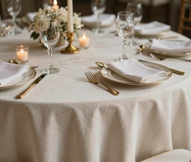 Detail shot of high-end event decor, soft gold accents on off-white linens, candlelight, Southern European setting, cinematic photography with deep shadows.