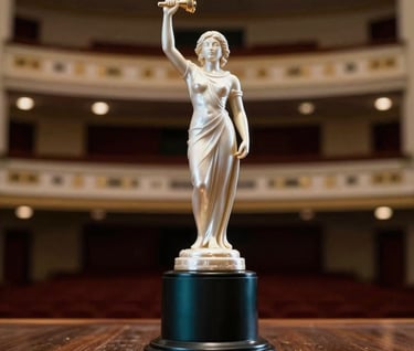 A low-angle shot of an elegant film festival trophy placed on a dark wooden surface, with a blurred South American / Brazilian theater background. Lighting is soft and focused, using pearl white and dark slate teal colors.