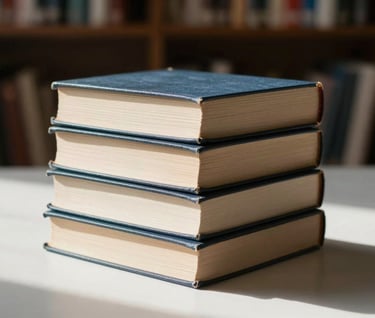 A stack of four elegant hardcover books on a minimalist Pearl White surface, illuminated by natural morning light in a South American / Brazilian library, symbolizing literary achievement.