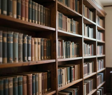 Shelves of a classic library in South America / Brazil, softly illuminated to create a mood of sophisticated narrative and timeless wisdom.