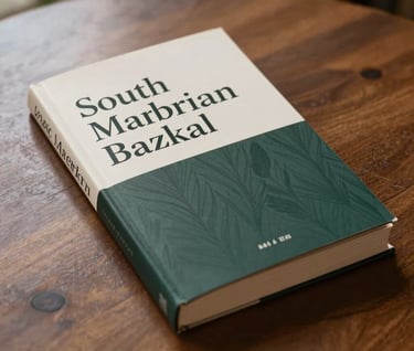 An elegant book cover lying on a wooden table in a South American / Brazilian library, with soft morning light and a palette of Pearl Mist and Deep Charcoal Green.