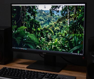 Professional filmmaker in a South American / Brazilian editing suite, focused on a monitor showing a lush green landscape, lighting is dramatic and elegant with dark forest green shadows.