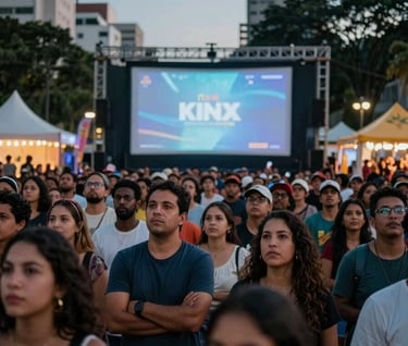 A vibrant audience gathered for an outdoor screening at the Kinox Festival in a South American / Brazilian city square, cinematic lighting with Pearl Mist and Ocean Slate hues.