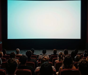 A sophisticated film festival auditorium in a South American / Brazilian city, silhouettes of an engaged audience watching a screen glowing with Deep Teal and Pearl White cinematic light.
