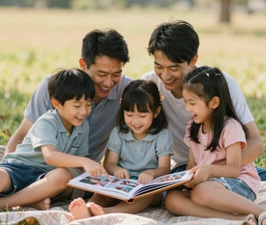 A family sitting on a blanket in a field, looking at a printed photo album together. They are laughing and pointing at pictures. Warm, inviting atmosphere.