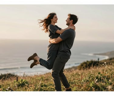 A medium shot of a man lifting a woman in a playful spin on top of a grassy hill. The background shows a soft, out-of-focus coastline. The lighting is bright and warm, emphasizing the joyful, candid expression. Colors include Charcoal (#333333) and Soft Sand (#F8F0E3).