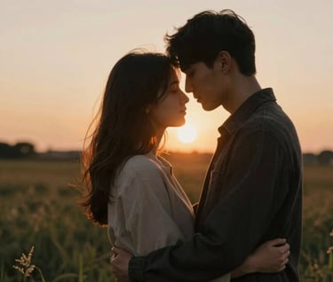 An intimate, cinematic shot of a couple embracing in a field, their heads touching. The sun is setting behind them, creating a lens flare. Warm, earthy palette with #333333 charcoal accents in the clothing.