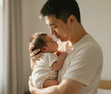 An authentic, candid shot of a father holding his newborn against his chest. He is standing in a sun-lit room. The composition is intimate and storytelling-focused, capturing a real moment of connection. Warm, sun-drenched lighting style.