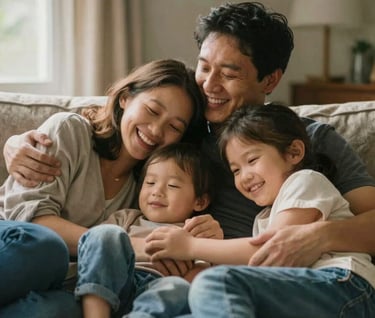 A cinematic shot of the whole family cuddled together on a sofa. The scene is filled with natural light and genuine laughter. The style is candid and documentary-like, highlighting real emotions in a sun-drenched environment.
