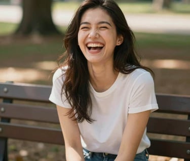 A candid portrait of a woman laughing, sitting on a wooden bench outdoors. The light is dappled through trees, creating a warm, sun-drenched effect. The mood is joyful and authentic, capturing real emotion.