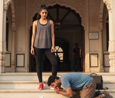 one indian girl stand out side wearing gym dress and shoes and one boy rub their nose on their shoes