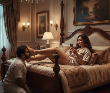 a indian adult girl in bedroom putting their feet on one indian boy and scroll mobile