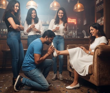 a group of indian college girl in pub one boy put their nose on one girl shoes
